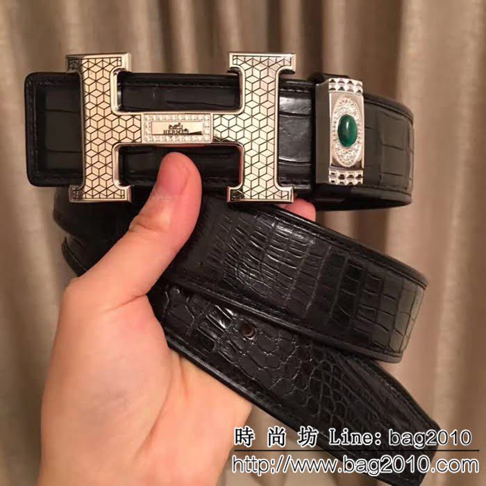 愛馬仕HERMES 純手工無拼接美洲鱷魚肚皮 鑲鑽貓眼石高端男士皮帶 HHG1161